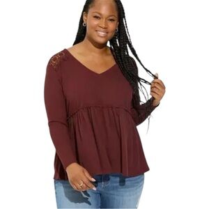 Torrid Waffle Knit V Neck Burgundy Long Sleeve Babydoll Lace Detail Top Size 3X